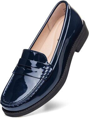 Women's Navy Patent Pebbled Leather Penny Loafers Slip On Contrast Shoes Flats